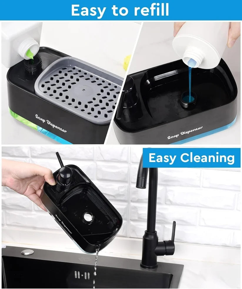 Dishwashing Soap Dispenser with Dual Compartments Hand Wash & Sponge Tray