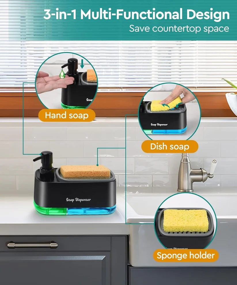 Dishwashing Soap Dispenser with Dual Compartments Hand Wash & Sponge Tray