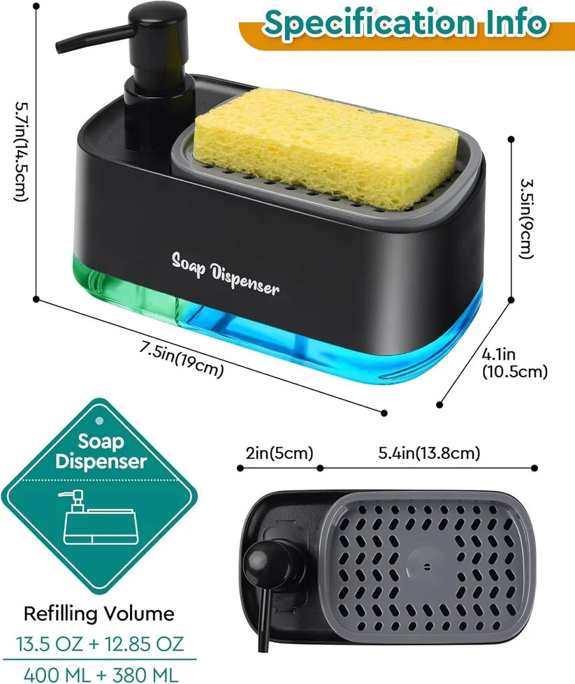 Dishwashing Soap Dispenser with Dual Compartments Hand Wash & Sponge Tray
